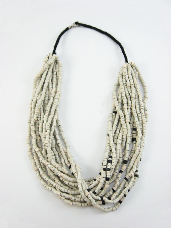 Unique White And Black Beaded Ethnic Necklace Recycled PVC