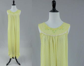 70s Nylon Nightgown - Green Yellow Check - Embroidery - Lace Trim - Long Gown - Vintage 1970s - M L XL