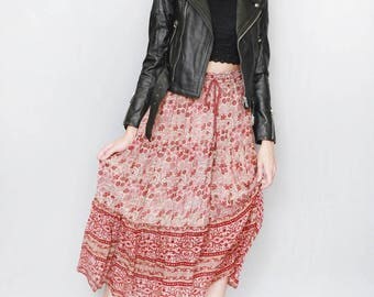 Vintage 1970's Pink & Red Floral Indian Cotton Midi Skirt