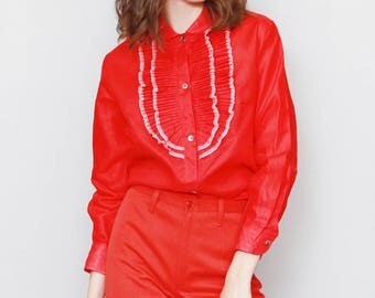 Vintage 1970's Della Rocca Cherry Red Ruffled Blouse