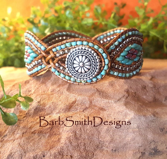 Twisted Leather Bracelet-Beaded Wrap-Turquoise Red