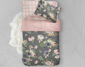 Twin bedding, bedding set, floral bedding, toddler bedding, duvet cover, twin sheet, pillow case, flowers, pink, grey, girl, crib duvet
