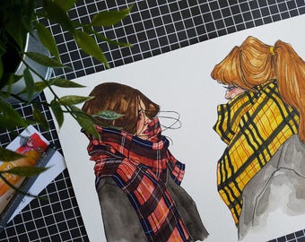 SALE / Tartan Winter Ladies / ORIGINAL Illustration