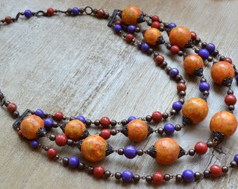 Layered necklace Boho necklace Orange necklace Multistrand necklace Chunky necklace Long necklace Polymer clay jewelry Boho chic jewelry