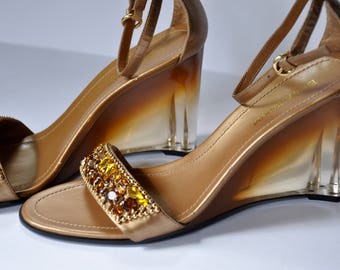 Enzo Angiolini Ombre Lucite Open-Toe Sandal Wedges with Amber Rhinestones and Tan Leather Ankle Strap, Size 8.5