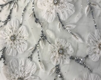 Stunning Handmade Tulle Appliqué Fabric with Beads, Sequins and Stones--4 yards