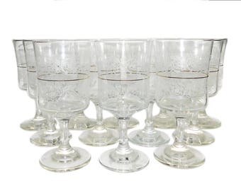 Vintage 12pc Etched Glass Red Wine Stemware Set