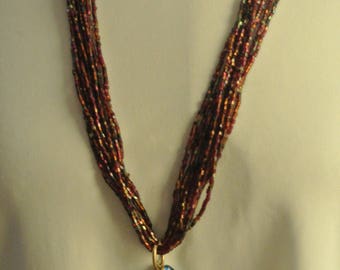 Multi-strand Bugle/Seed Beads Necklace with a Multi-Color Pendant