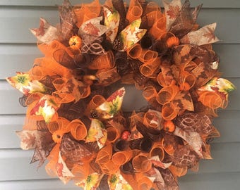 Fall Wreath for Front Door, Deco Mesh Fall Wreath, Autumn Wreath, Fall Wreath, Fall Decor, Autumn Decor, Orange Brown Wreath, Curly Mesh