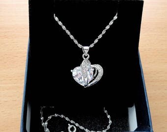 Heart necklace heart pendant silver heart jewelry womens gift for wife gift girlfriend gift for her birthday gift cubic zirconia pendants