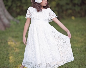 Boho Flower Girl Dress, White Lace Dress, Rustic Flower Girl, First Communion Dress, Girls Couture Dress, Girls Maxi Dress, Vintage Dress