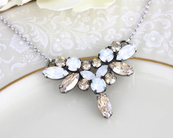 Crystal Bridal necklace, Wedding jewelry, White opal necklace, Champagne crystal necklace, Swarovski necklace, Antique silver necklace