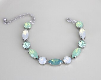 Crystal Bridal bracelet, Mint green bracelet, Bridal jewelry, Sea foam green crystal, White opal bracelet, Swarovski bracelet, Green crystal