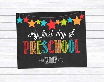 First Day of Preschool Sign, Boy's First Day of Preschool Print, Preschool Printable, Chalkboard Print, Instant Download, Digital Download