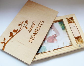 Sweet Moments Wood Photo Box 4''x6''(10x15 cm) with 8/16gb USB Photo Box USB Box Photo Book Photographer Box Anniversary Gift For Husband