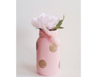 Pink Mason Jar, Pink and White Mason Jar, Polka Dot Mason Jar, Gold First Birthday, Pink and Gold