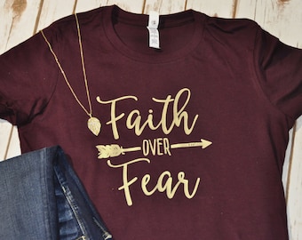 Faith Over Fear Arrow Shirt With Gold Lettering, Faith Shirt, Junior's Shirt, Women's Shirt, Christian Shirt, Boho Arrow Shirt