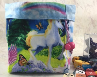 Unicorn Dice Bag - Large Unicorn Dice Bag - Rainbow Dice Bag - Made with Unicorn/Rainbow Fabric - Colorful Dice Bag - Dice Pouch - D20