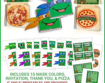TMNT Pizza Box Invitations & Thank You Printables -- DIGITAL -- Make your own Teenage Mutant Ninja Turtles mask favor boxes -- 15 Colors!