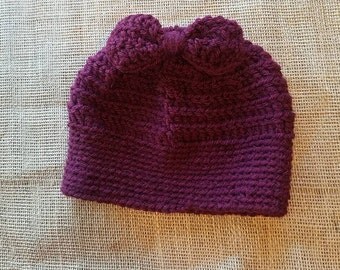 Crochet burgundy bun beanie with bow
