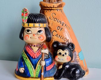 Vintage Canadian Souvenir, Indian Girl and Tepee, Vintage Coin Bank/Piggy Bank, Vintage Japan, Kitsch, Vintage Canada, Vintage Home Decor
