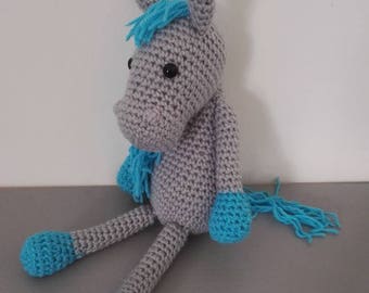 Horse 'too small' 36 cm tall grey Turquoise crochet