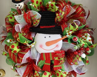 Snowman Wreath/Christmas Wreath/Christmas Door Wreath/Christmas Deco Mesh Wreath/Holiday Wreath/Christmas Decorations