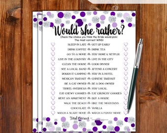 Would She Rather Bridal Shower Game - Purple Dots & Diamonds Theme Printable Bridal Shower Game - Bachelorette Party Night Hen Party DD79-PL