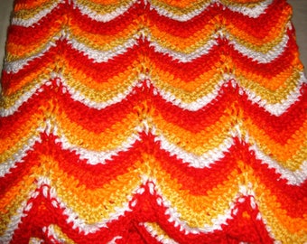 Crocheted Blanket/Throw/Afghan in Red, Red Orange, Bright Orange, Yellow and White