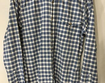 60's Men's M GANT Rugger "The Hugger" Old Loom Oxford Button-Up Blue/White Plaid w/ "G" Logo Stitch Detail on Sleeve