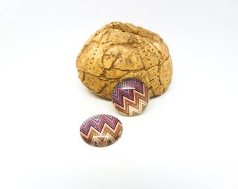 2 glass cabochons 14mm geometric Chevron purple/orange/beige (SFCV11-02)