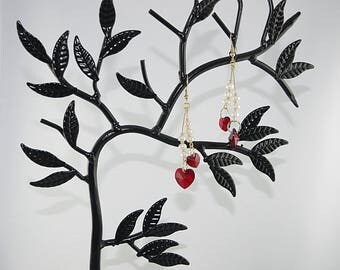 EARRINGS cascade freshwater soft er Red Heart Crystal, gold plated setting