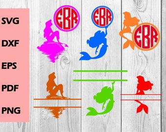 little mermaid monogram SVG DXF PNG cutting file, Printable, T-shirt Design, Scrapbooking Clipart