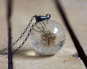 Bridal Necklace, Dandelion Resin Necklace, Oxidized Silver Chain, Botanical Jewelry, Floral Jewelry, Silver Necklace