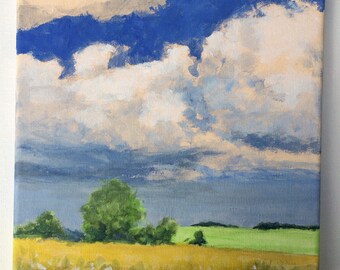 Original Landscape Painting on canvas 8x8 Clouds Wheat Fields Flowers Blue Sky