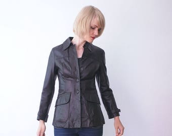 70s leather jacket. skinny leather jacket. boho hippie dark brown leather jacket - xs