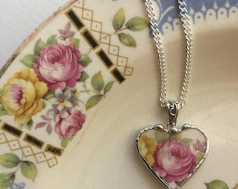 Broken china jewelry - beautiful heart pendant - broken china jewelry necklace - antique pink cabbage rose, porcelain