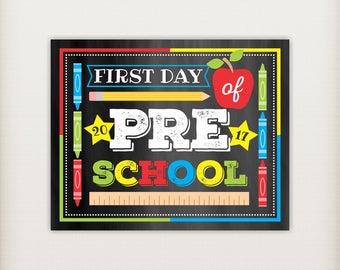 First Day of PRESCHOOL, First Day of School Sign, 1st Day of Preschool, Photo Booth Props, CHALKBOARD Sign - PRjNTABLE INSTANT DOWNlOAD