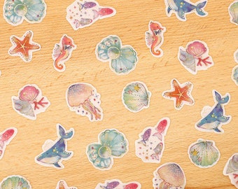 32 PCS, SEA CREATURE stickers, Whale sticker, Jellyfish sticker, Fish sticker, Coral sticker, Seashell sticker, Qlia, Starfish sticker