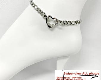BDSM Ankle Slave Bracelet *24/7* Wear 316L Stainless Steel Figaro Chain and Solid 316L Heart Ring