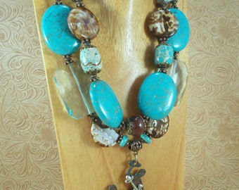 Western Cowgirl Statement Necklace Set - Chunky Turquoise Howlite and Brown Agate - Wyoming Bucking Horse