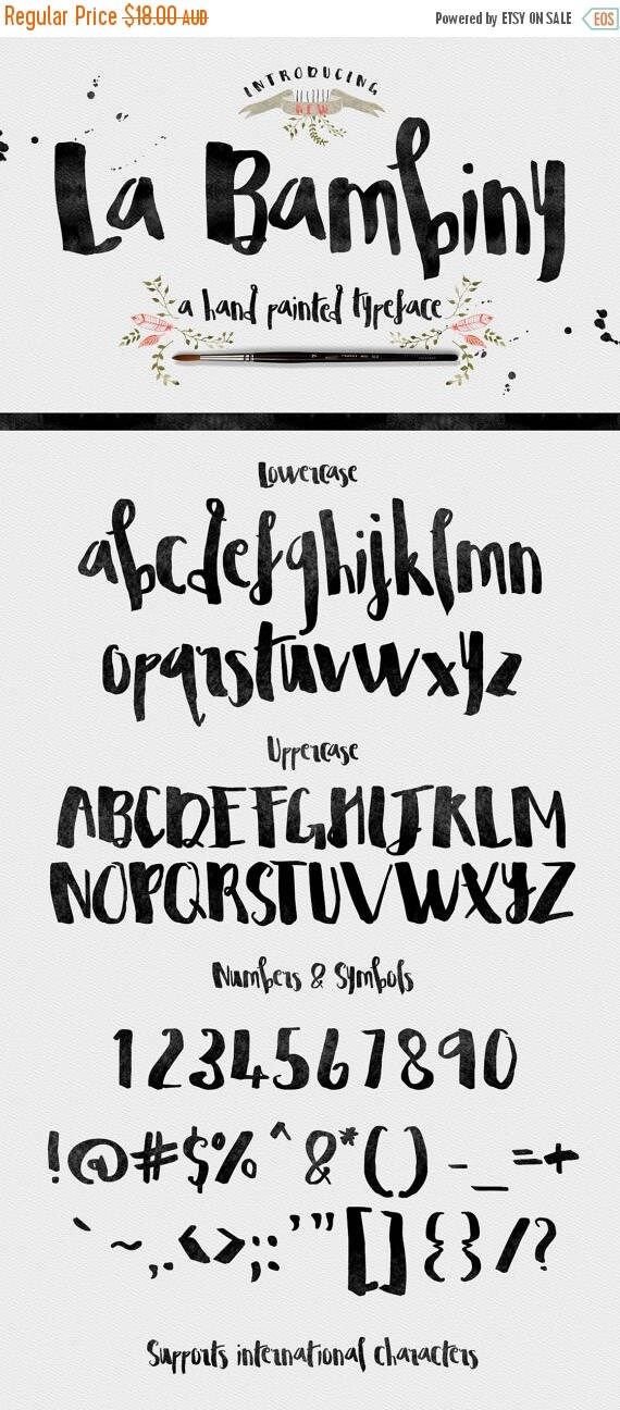 Digital Fonts 80% Off SALE La Bambiny Typeface Fonts - Display Fonts - Hand Painted - plus extra design elements
