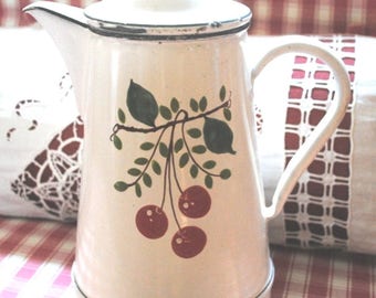 Antique French enamelware COFFEE POT white & Cherries hand painted