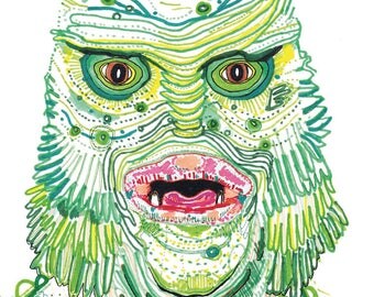the creature from the black lagoon. hollywood headshot. illustration art print