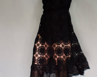 70's Boho Hand Crocheted Black Dress