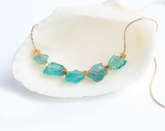 Raw Apatite Necklace - Gemstone Necklace - Raw Aqua Stone Bar Necklace - Raw Stone Necklace - Layering Necklace - Boho Chic Necklace