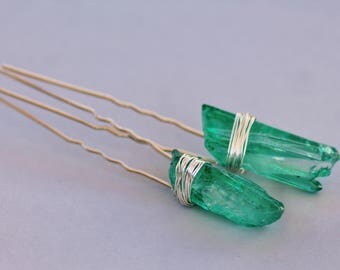 Emerald Green Raw Crystal Point Hair Sticks,Natural Healing Crystal Point,Emerald Crystal Quartz Jewel,Boho,Silver Hair Fork Stick,OOAK