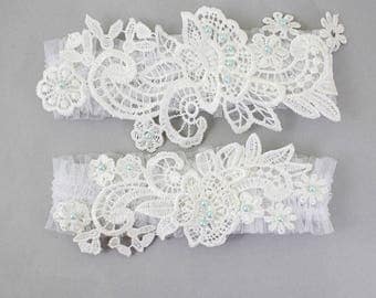 Off White Lace With Blue Pearl Beads Wedding Garter Set, Bridal Wedding Garter,Ivory Wedding Garter,Somthing Blue