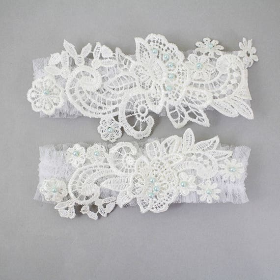 Off White Lace With Blue Pearl Beads Wedding Garter Set