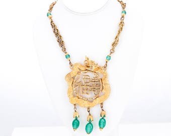 Vintage 1960's Kenneth Jay Lane Asian Inspired Dragon Medallion Necklace